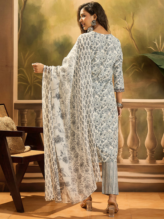 Stylum Women's Grey Floral Printed Cotton Straight Kurta Pant Dupatta Set (KPDGREYJUNG)
