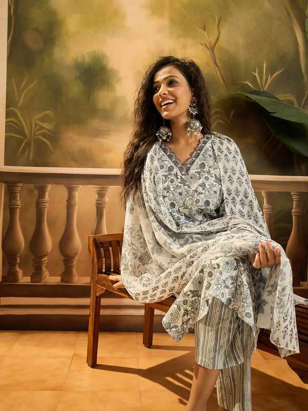 Stylum Women's Grey Floral Printed Cotton Straight Kurta Pant Dupatta Set (KPDGREYJUNG)