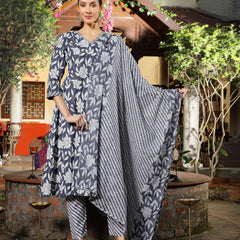 Stylum Women's Grey Floral Printed Cotton Ankarkali Kurta Pant Dupatta Set (KPDGREYLIKIR)