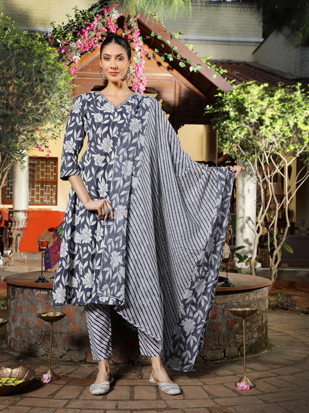 Stylum Women's Grey Floral Printed Cotton Ankarkali Kurta Pant Dupatta Set (KPDGREYLIKIR)