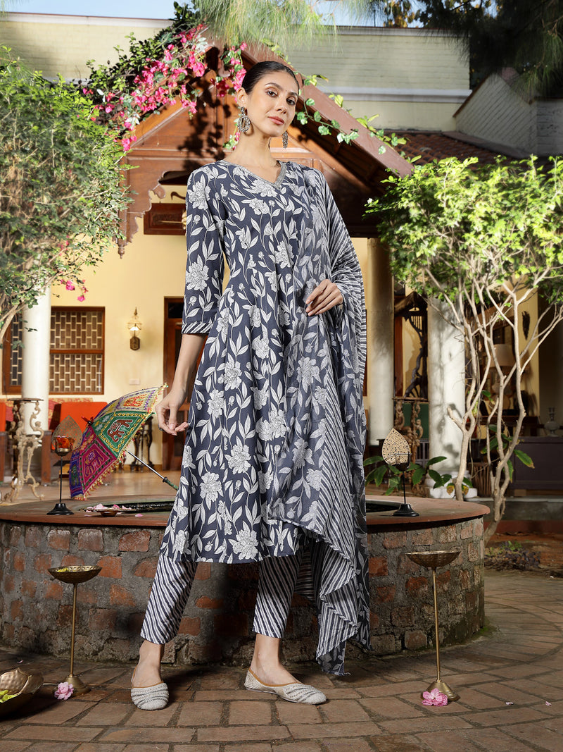Stylum Women's Grey Floral Printed Cotton Ankarkali Kurta Pant Dupatta Set (KPDGREYLIKIR)