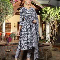 Stylum Women's Grey Floral Printed Cotton Ankarkali Kurta Pant Dupatta Set (KPDGREYLIKIR)