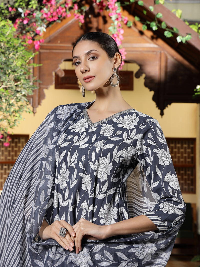Stylum Women's Grey Floral Printed Cotton Ankarkali Kurta Pant Dupatta Set (KPDGREYLIKIR)