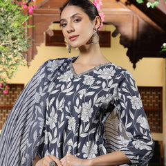 Stylum Women's Grey Floral Printed Cotton Ankarkali Kurta Pant Dupatta Set (KPDGREYLIKIR)