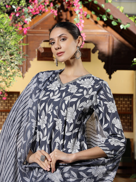 Stylum Women's Grey Floral Printed Cotton Ankarkali Kurta Pant Dupatta Set (KPDGREYLIKIR)