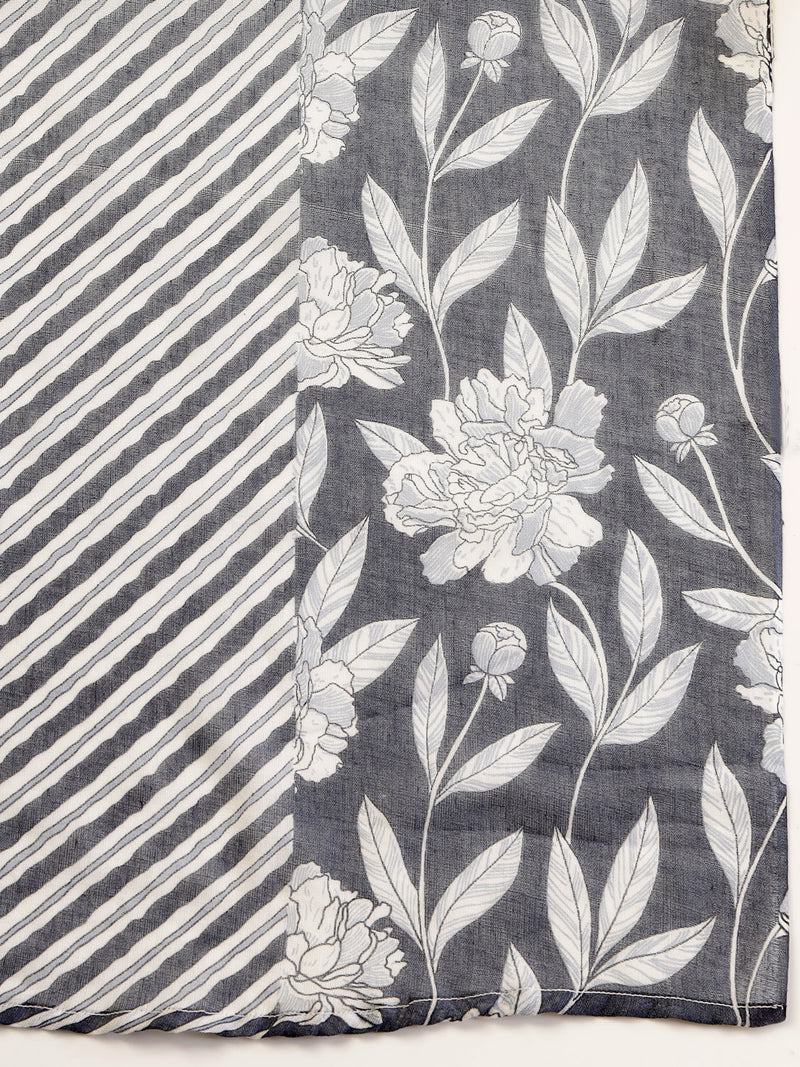 Stylum Women's Grey Floral Printed Cotton Ankarkali Kurta Pant Dupatta Set (KPDGREYLIKIR)