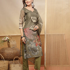 Stylum Women's Grey Floral Printed Chanderi Silk Straight Kurta Pant Dupatta Set (KPDGREYMORAL)