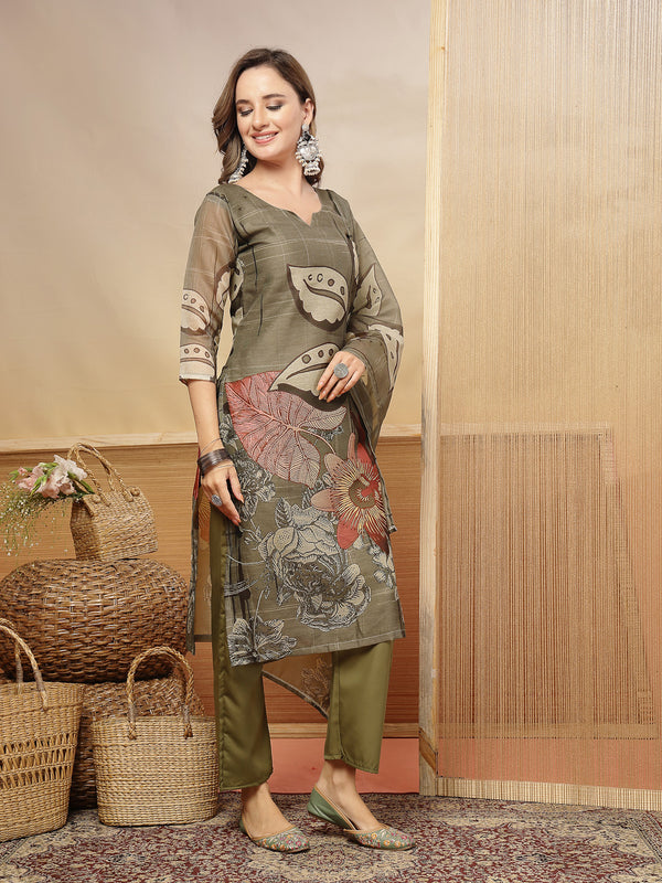 Stylum Women's Grey Floral Printed Chanderi Silk Straight Kurta Pant Dupatta Set (KPDGREYMORAL)