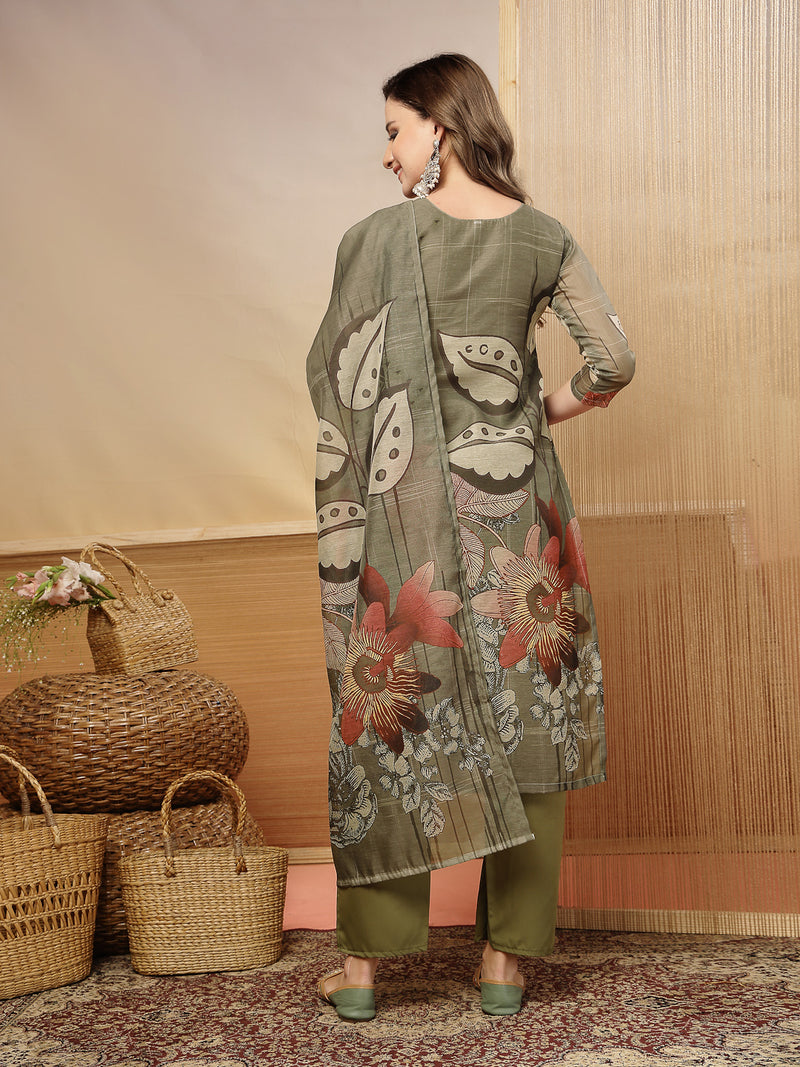 Stylum Women's Grey Floral Printed Chanderi Silk Straight Kurta Pant Dupatta Set (KPDGREYMORAL)