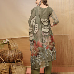 Stylum Women's Grey Floral Printed Chanderi Silk Straight Kurta Pant Dupatta Set (KPDGREYMORAL)