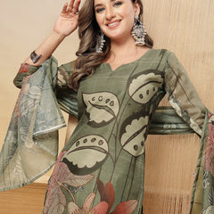 Stylum Women's Grey Floral Printed Chanderi Silk Straight Kurta Pant Dupatta Set (KPDGREYMORAL)