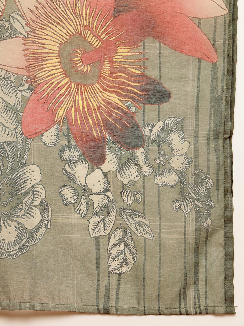 Stylum Women's Grey Floral Printed Chanderi Silk Straight Kurta Pant Dupatta Set (KPDGREYMORAL)