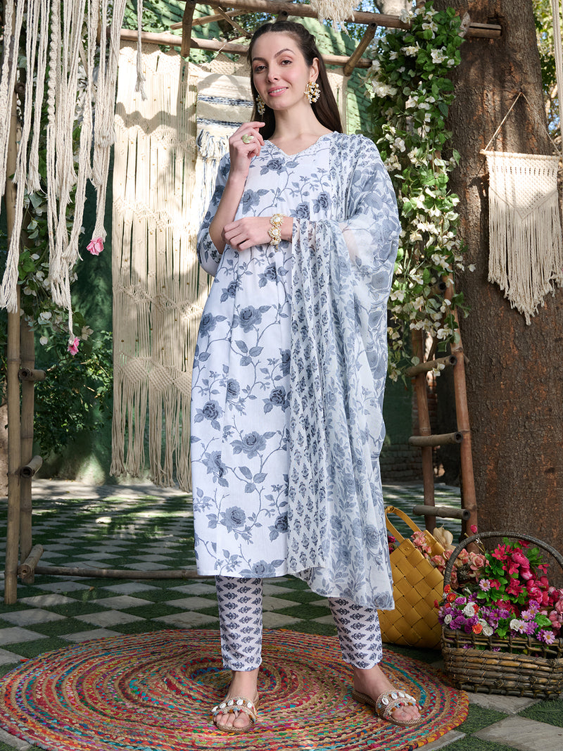 Stylum Women's Grey Floral Printed Cotton A-Line Kurta Pant Dupatta Set (KPDGREYMORINGA)