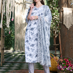 Stylum Women's Grey Floral Printed Cotton A-Line Kurta Pant Dupatta Set (KPDGREYMORINGA)