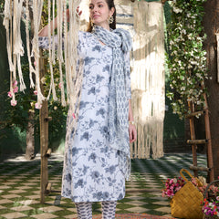 Stylum Women's Grey Floral Printed Cotton A-Line Kurta Pant Dupatta Set (KPDGREYMORINGA)