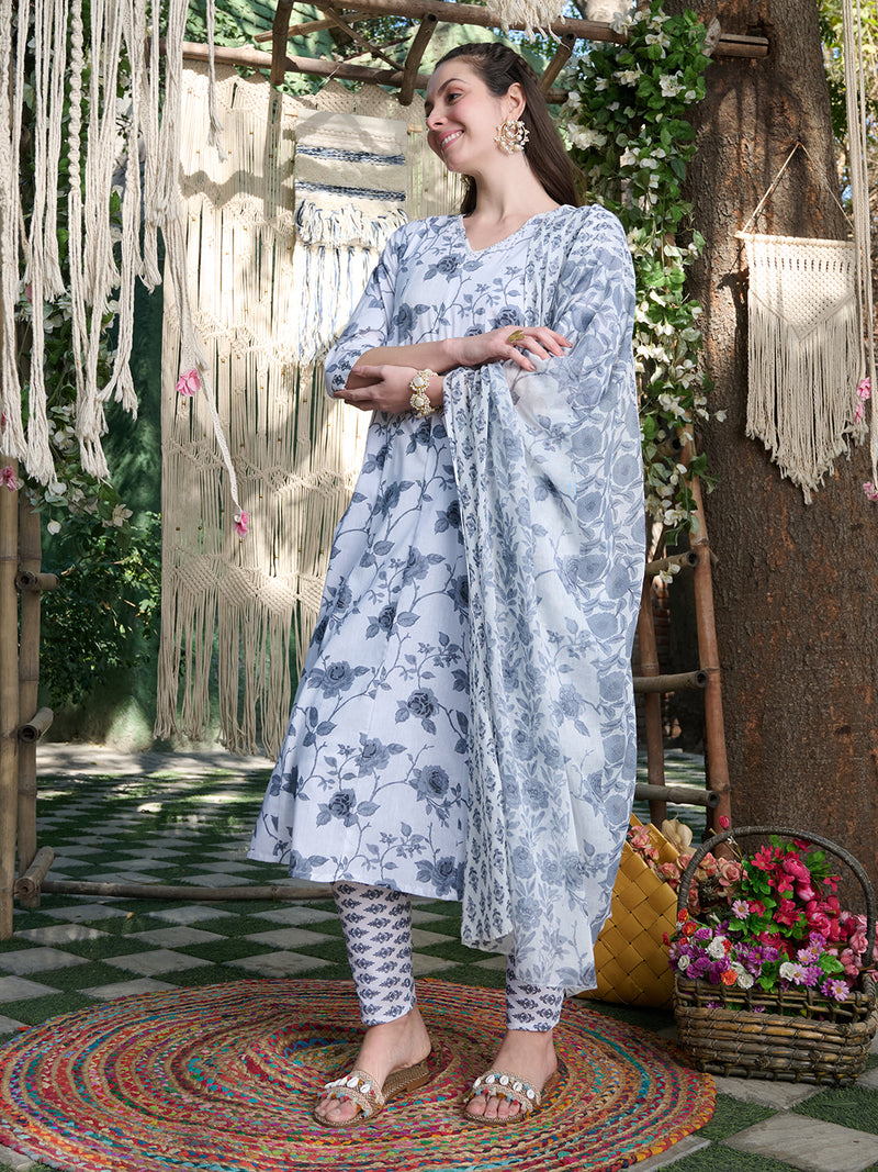 Stylum Women's Grey Floral Printed Cotton A-Line Kurta Pant Dupatta Set (KPDGREYMORINGA)