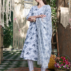 Stylum Women's Grey Floral Printed Cotton A-Line Kurta Pant Dupatta Set (KPDGREYMORINGA)