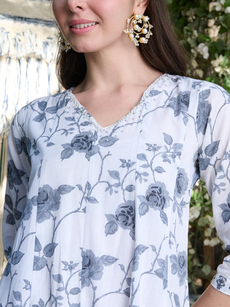 Stylum Women's Grey Floral Printed Cotton A-Line Kurta Pant Dupatta Set (KPDGREYMORINGA)