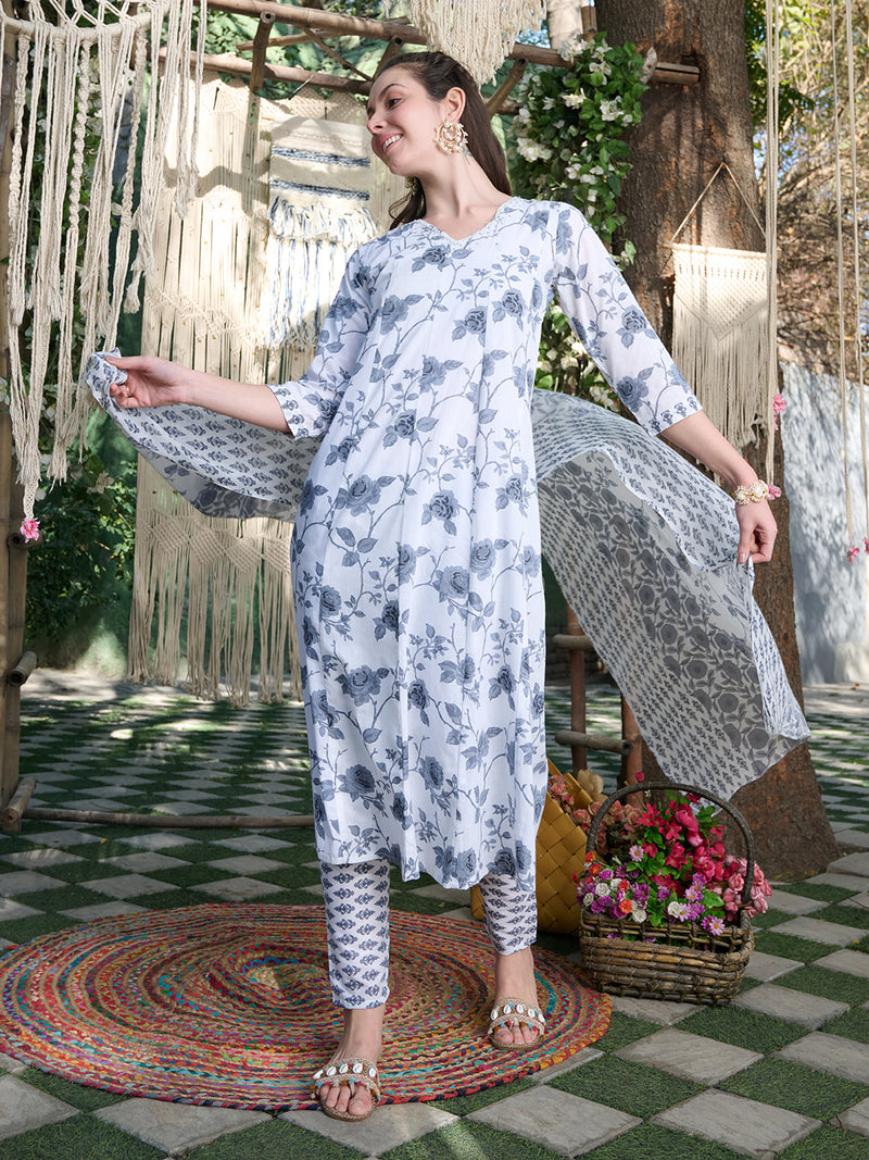 Stylum Women's Grey Floral Printed Cotton A-Line Kurta Pant Dupatta Set (KPDGREYMORINGA)