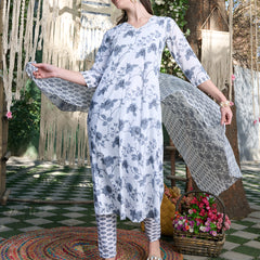 Stylum Women's Grey Floral Printed Cotton A-Line Kurta Pant Dupatta Set (KPDGREYMORINGA)