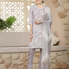 Stylum Women's Grey Tropical Printed Silk Blend Straight Kurta Pant Dupatta Set (KPDGREYPEARL)