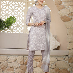 Stylum Women's Grey Tropical Printed Silk Blend Straight Kurta Pant Dupatta Set (KPDGREYPEARL)