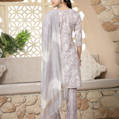 Stylum Women's Grey Tropical Printed Silk Blend Straight Kurta Pant Dupatta Set (KPDGREYPEARL)