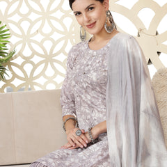 Stylum Women's Grey Tropical Printed Silk Blend Straight Kurta Pant Dupatta Set (KPDGREYPEARL)