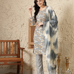 Stylum Women's Grey Tropical Printed Cotton Blend Straight Kurta Pant Dupatta Set (KPDGREYTAANI)