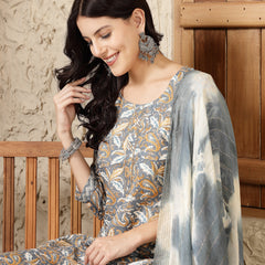 Stylum Women's Grey Tropical Printed Cotton Blend Straight Kurta Pant Dupatta Set (KPDGREYTAANI)