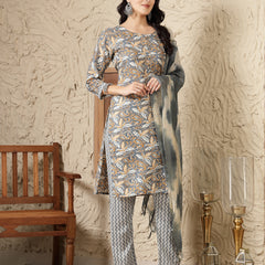 Stylum Women's Grey Tropical Printed Cotton Blend Straight Kurta Pant Dupatta Set (KPDGREYTAANI)