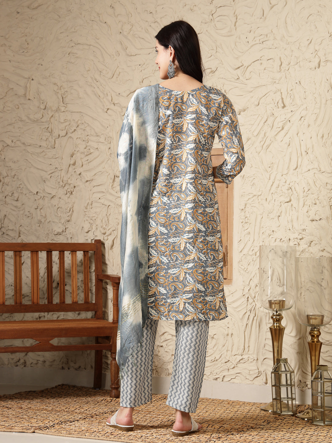 Stylum Women's Grey Tropical Printed Cotton Blend Straight Kurta Pant Dupatta Set (KPDGREYTAANI)