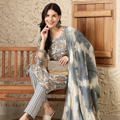 Stylum Women's Grey Tropical Printed Cotton Blend Straight Kurta Pant Dupatta Set (KPDGREYTAANI)