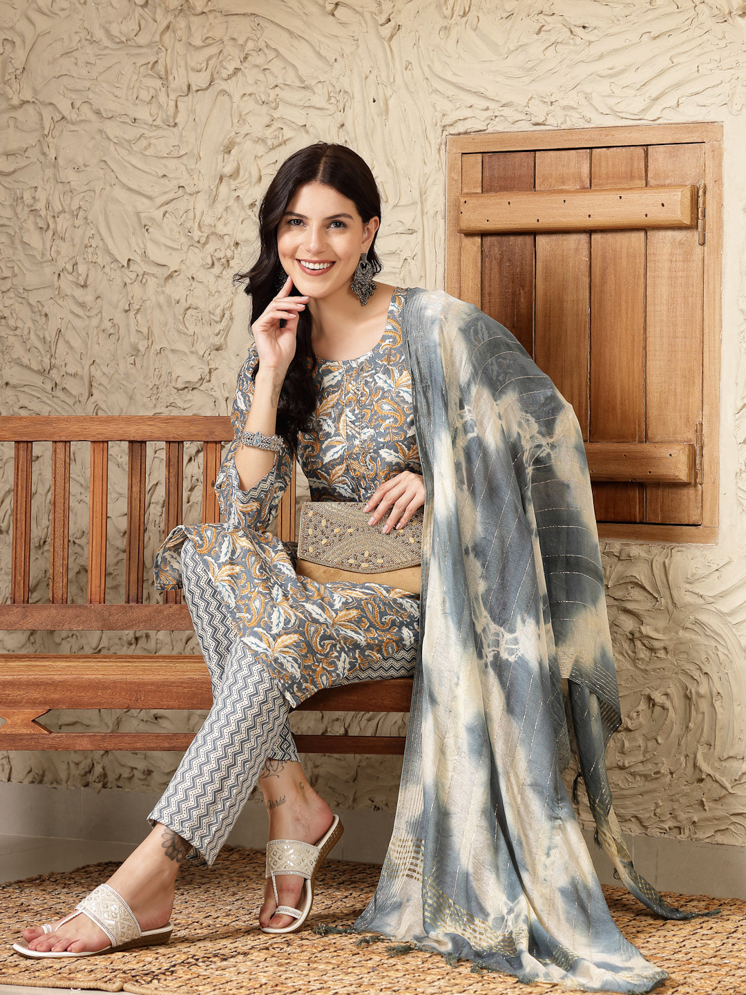 Stylum Women's Grey Tropical Printed Cotton Blend Straight Kurta Pant Dupatta Set (KPDGREYTAANI)