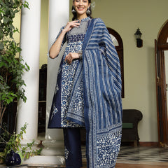 Stylum Women's Indigo Blue Printed & Embroidered A-Line Cotton Kurta Pant Dupatta Set (KPDINDIGOAPPY)