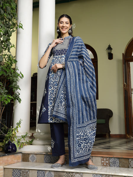 Stylum Women's Indigo Blue Printed & Embroidered A-Line Cotton Kurta Pant Dupatta Set (KPDINDIGOAPPY)