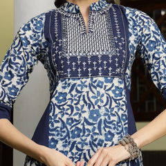 Stylum Women's Indigo Blue Printed & Embroidered A-Line Cotton Kurta Pant Dupatta Set (KPDINDIGOAPPY)