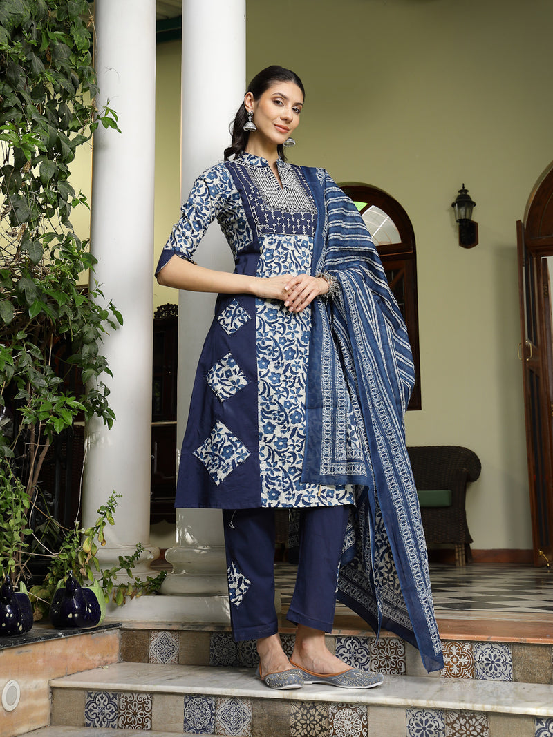 Stylum Women's Indigo Blue Printed & Embroidered A-Line Cotton Kurta Pant Dupatta Set (KPDINDIGOAPPY)
