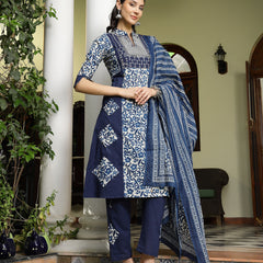 Stylum Women's Indigo Blue Printed & Embroidered A-Line Cotton Kurta Pant Dupatta Set (KPDINDIGOAPPY)