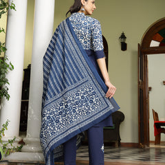 Stylum Women's Indigo Blue Printed & Embroidered A-Line Cotton Kurta Pant Dupatta Set (KPDINDIGOAPPY)