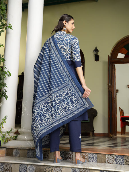 Stylum Women's Indigo Blue Printed & Embroidered A-Line Cotton Kurta Pant Dupatta Set (KPDINDIGOAPPY)