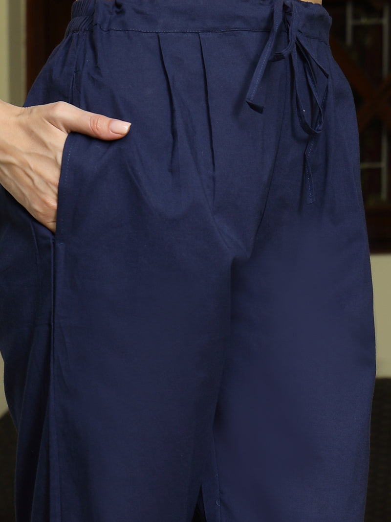 Stylum Women's Indigo Blue Printed & Embroidered A-Line Cotton Kurta Pant Dupatta Set (KPDINDIGOAPPY)