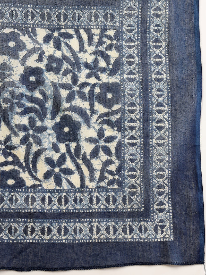 Stylum Women's Indigo Blue Printed & Embroidered A-Line Cotton Kurta Pant Dupatta Set (KPDINDIGOAPPY)