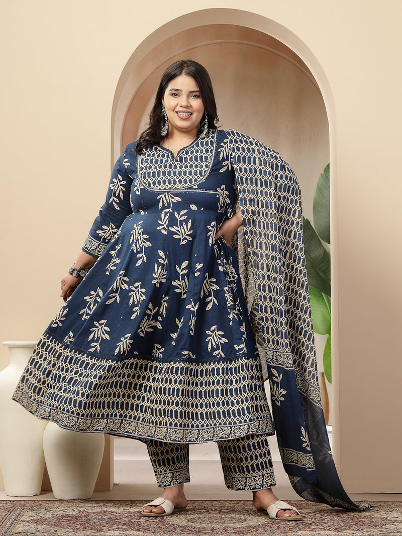 Stylum Women's Plus Size Blue Floral Printed Cotton Anarkali Kurta Pant Dupatta Set (KPDINDIGOOMANPLUS)