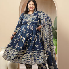 Stylum Women's Plus Size Blue Floral Printed Cotton Anarkali Kurta Pant Dupatta Set (KPDINDIGOOMANPLUS)