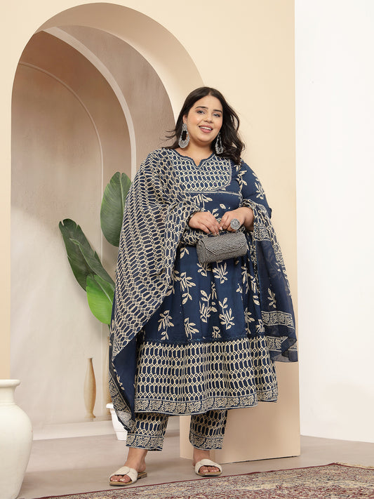 Stylum Women's Plus Size Blue Floral Printed Cotton Anarkali Kurta Pant Dupatta Set (KPDINDIGOOMANPLUS)