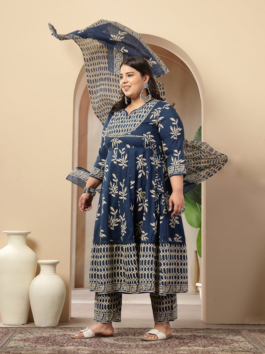 Stylum Women's Plus Size Blue Floral Printed Cotton Anarkali Kurta Pant Dupatta Set (KPDINDIGOOMANPLUS)