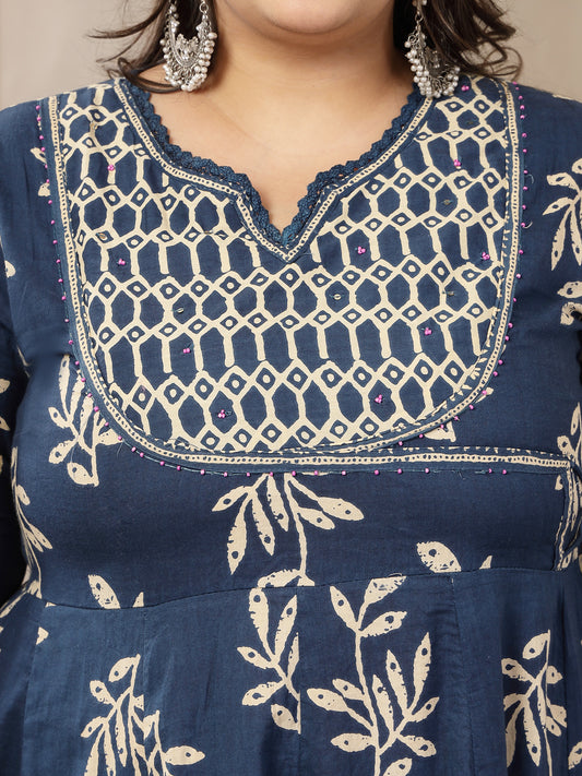 Stylum Women's Plus Size Blue Floral Printed Cotton Anarkali Kurta Pant Dupatta Set (KPDINDIGOOMANPLUS)
