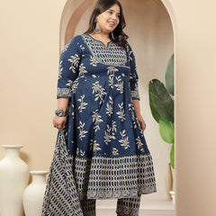 Stylum Women's Plus Size Blue Floral Printed Cotton Anarkali Kurta Pant Dupatta Set (KPDINDIGOOMANPLUS)