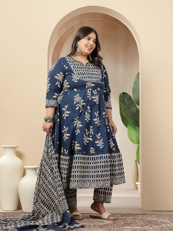Stylum Women's Plus Size Blue Floral Printed Cotton Anarkali Kurta Pant Dupatta Set (KPDINDIGOOMANPLUS)